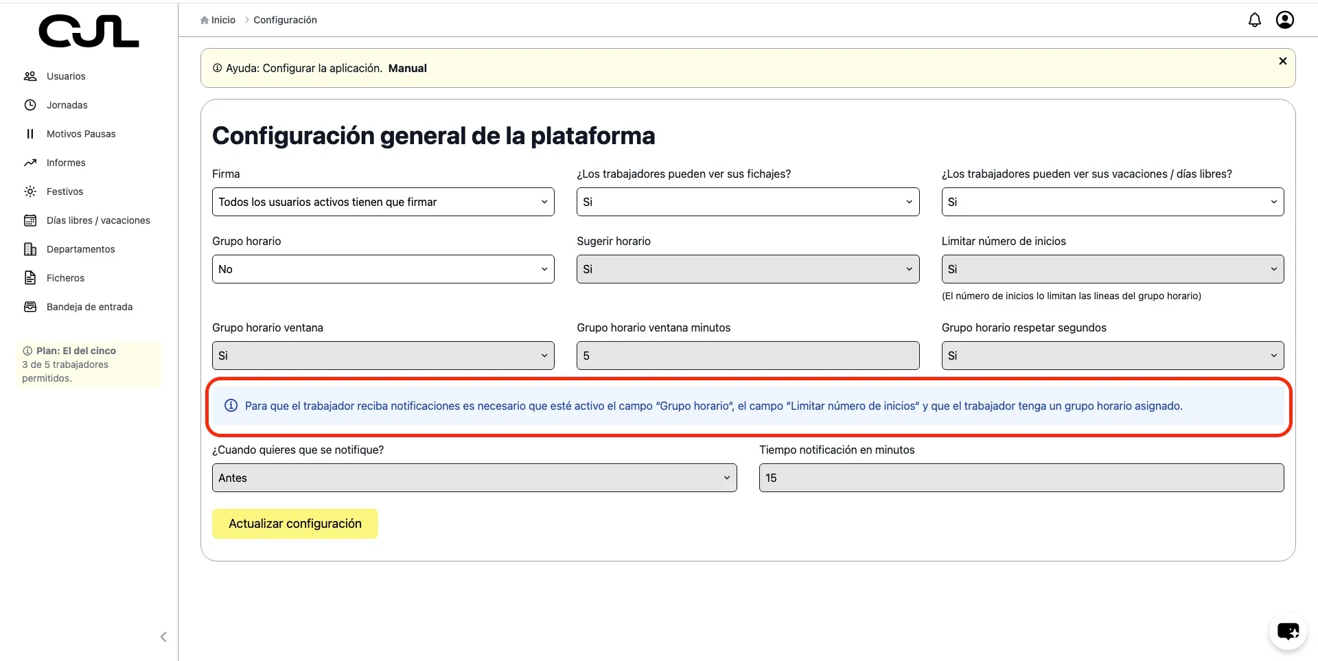 Aviso de configuración de notificaciones
