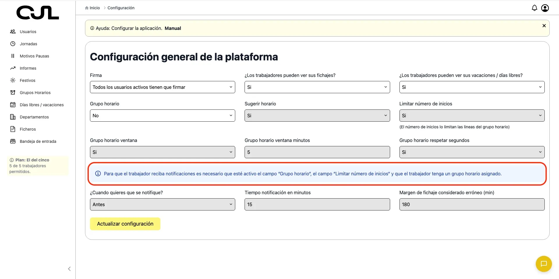 Aviso de configuración de notificaciones