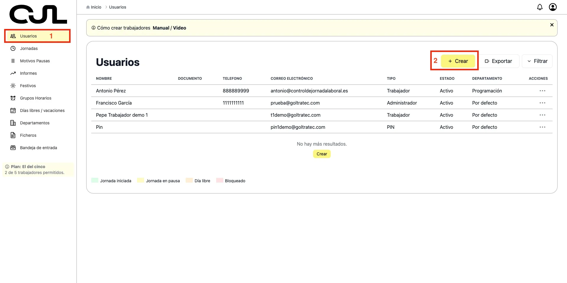 Crear usuario en control de jornada laboral