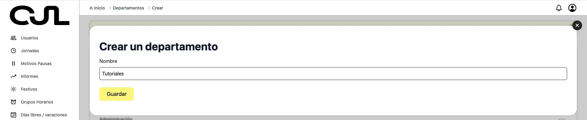 Control de jornada laboral - Listado departamentos