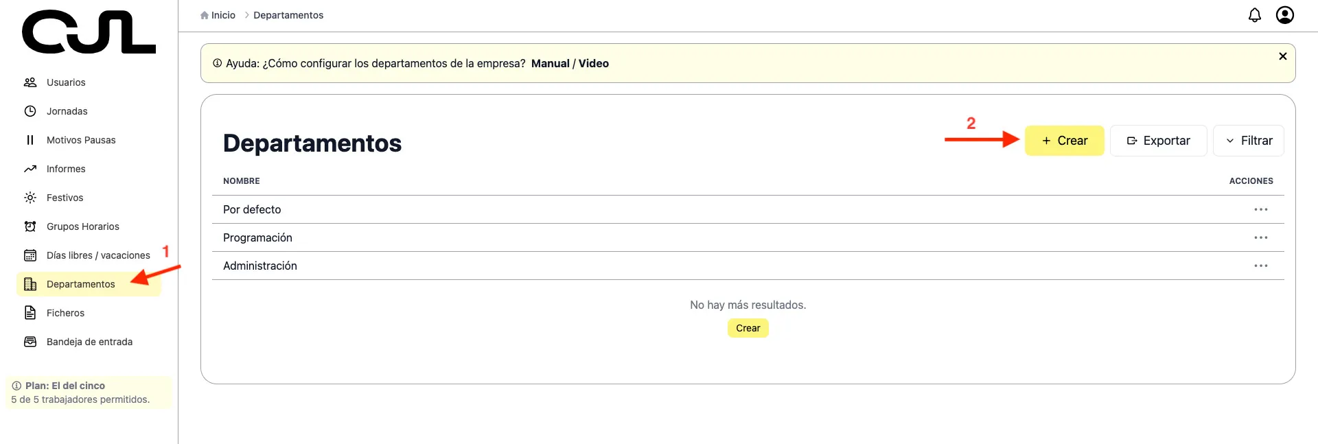 Control de jornada laboral - Departamentos
