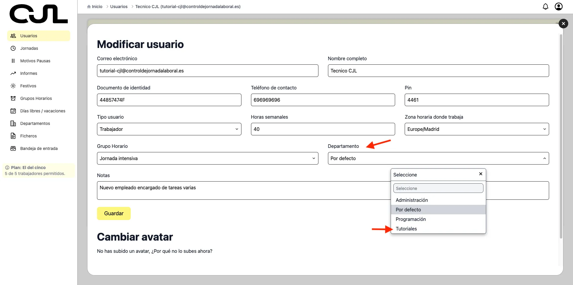 Control de jornada laboral - Editar trabajador departamento
