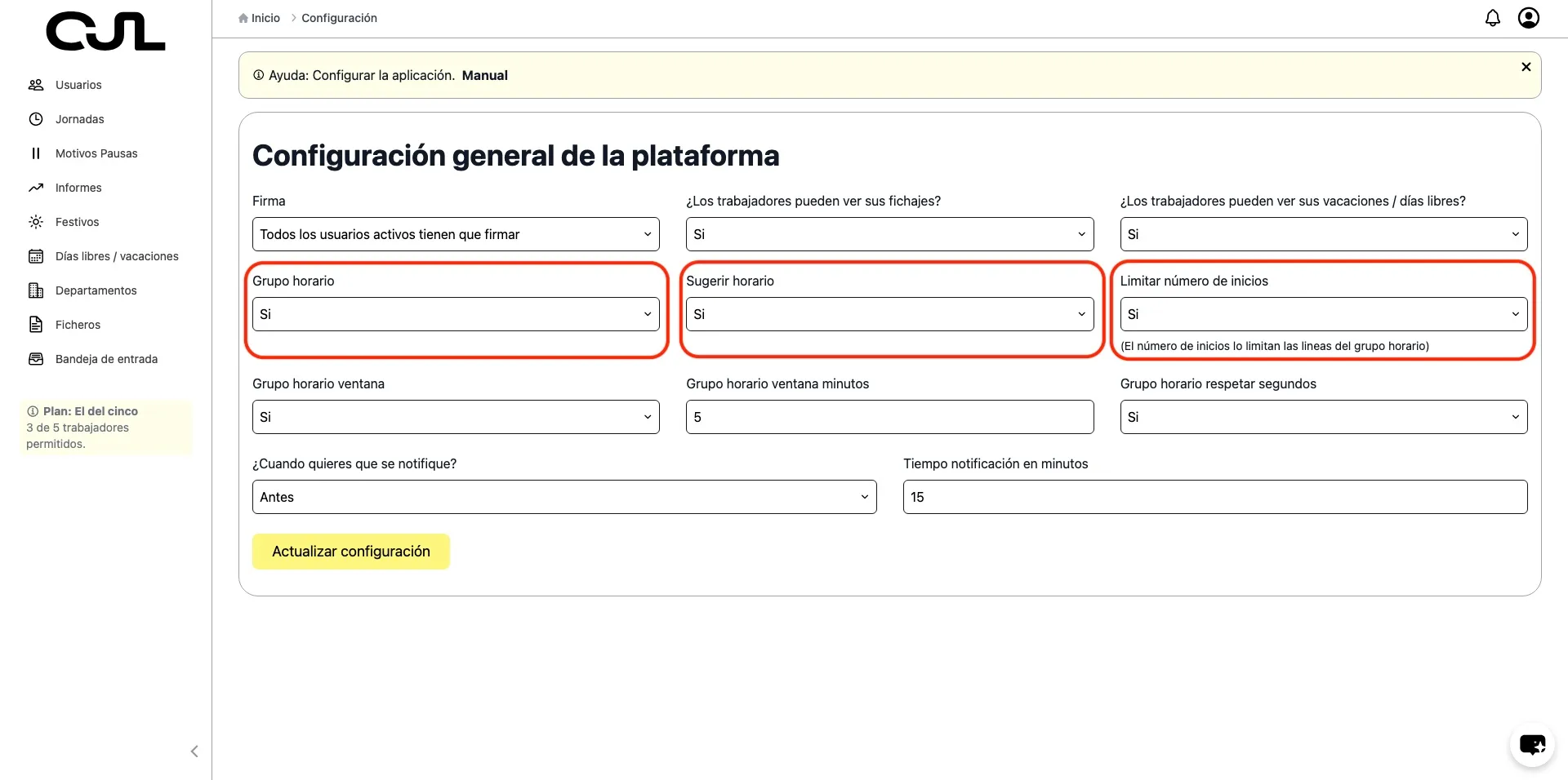 activar grupo horario