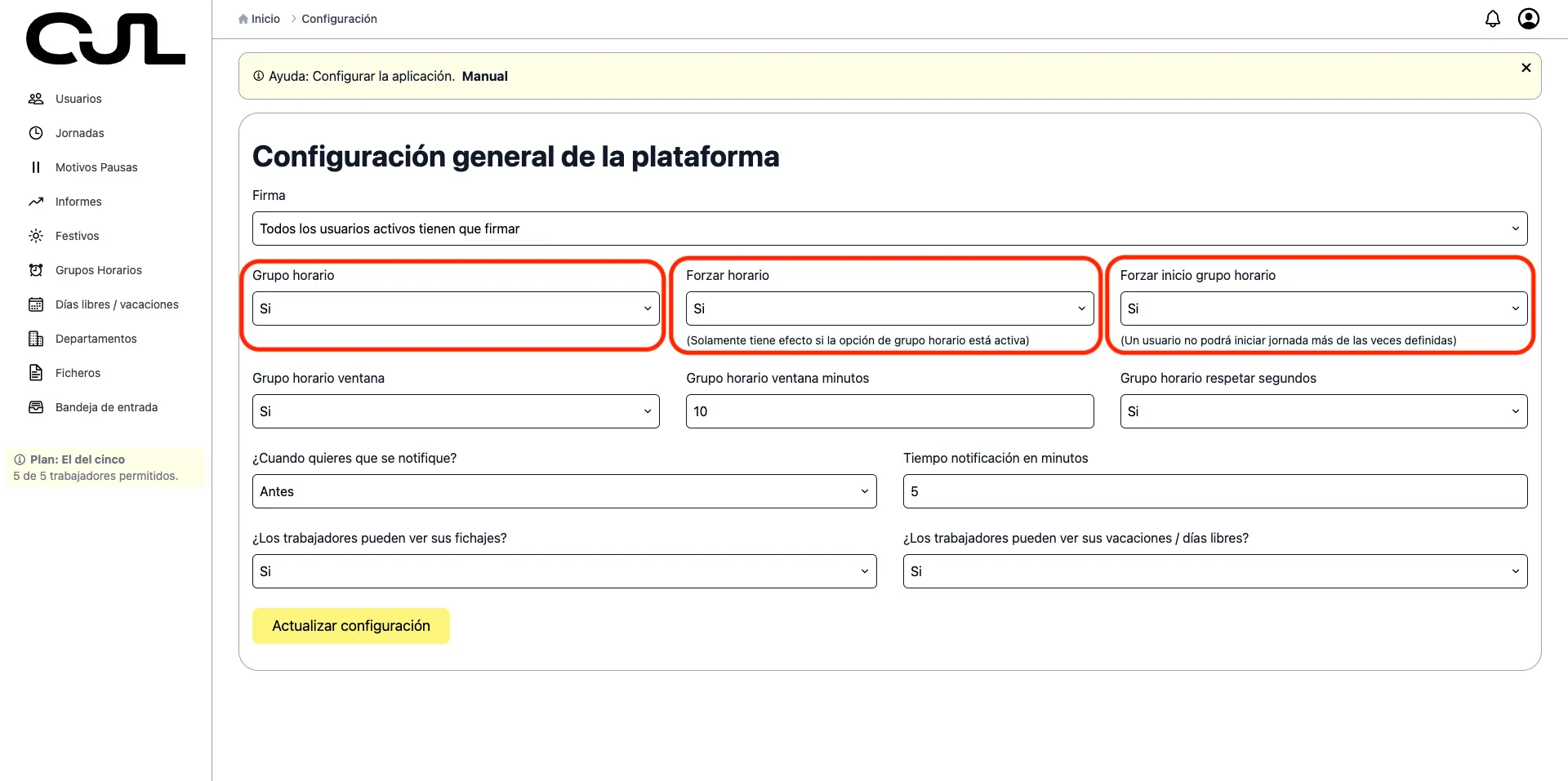 activar grupo horario