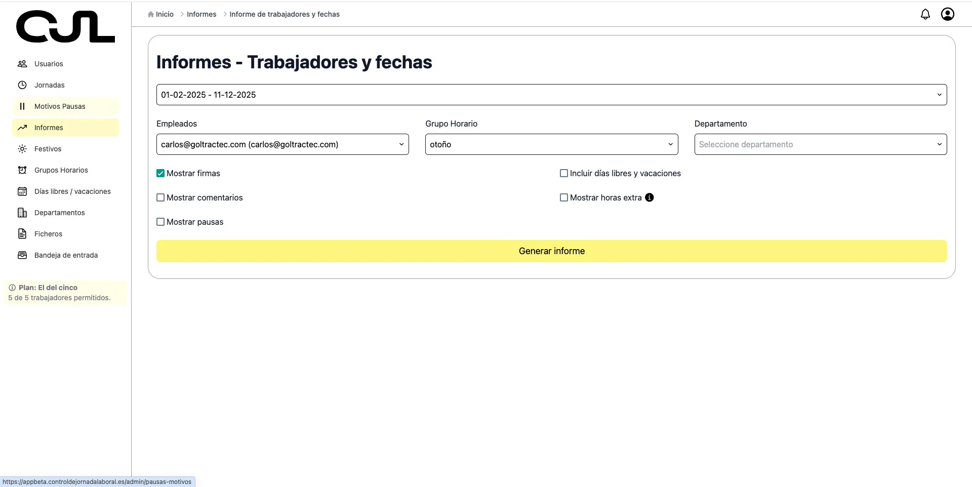 Control de jornada laboral - informe trabajadores y fechas
