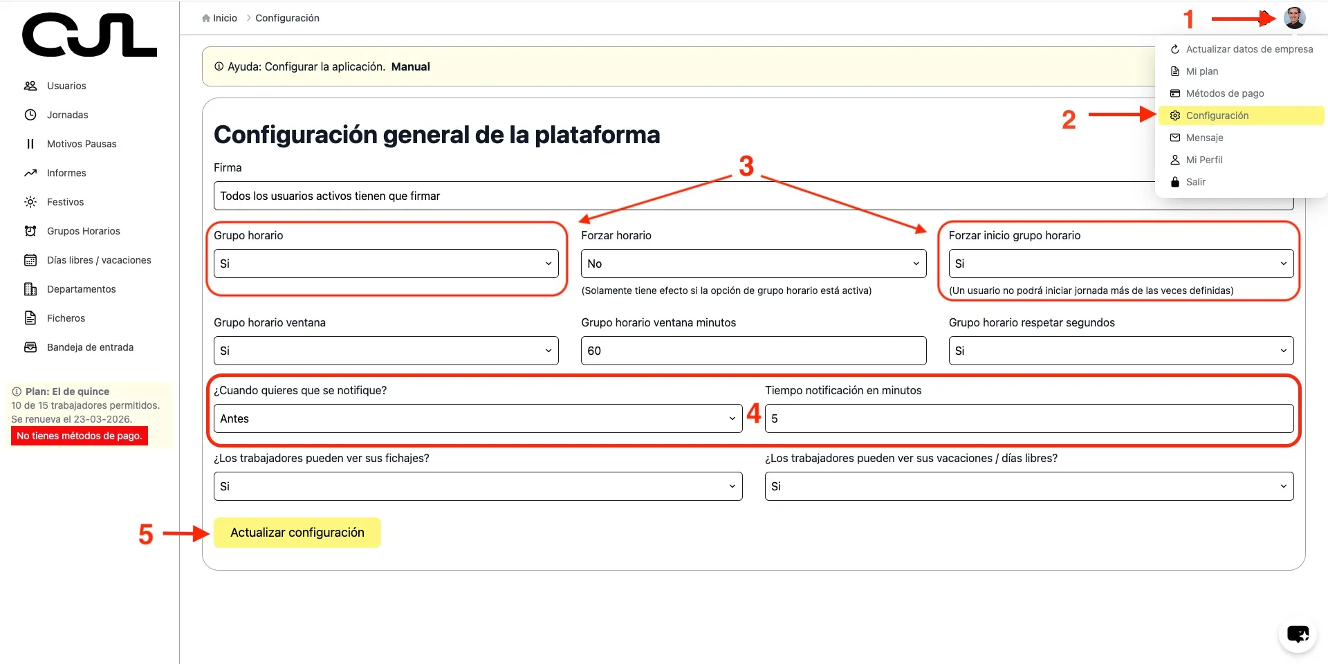 Configuración de registro de jornada