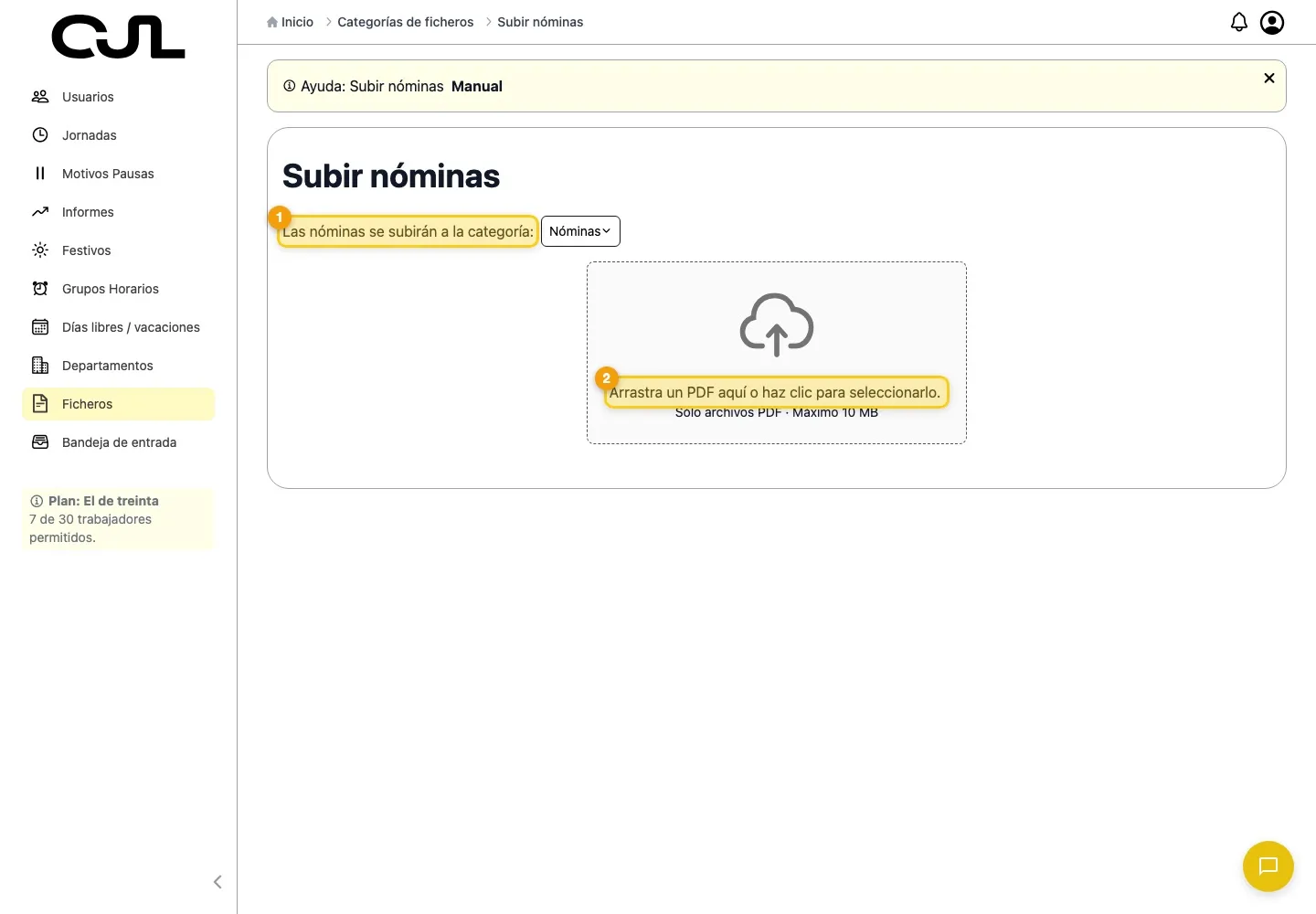 Pantalla de subida y categoría