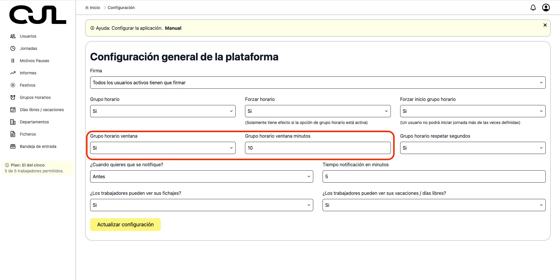 Ventana de tiempo para aplicar al grupo horario 'ventana grupo horario opciones'
