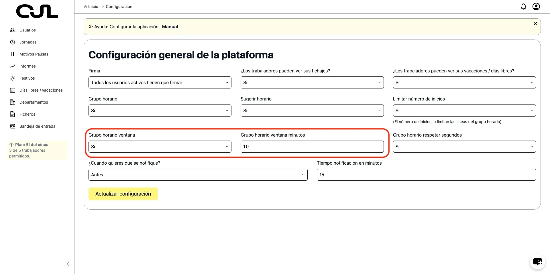 ‘ventana grupo horario opciones’