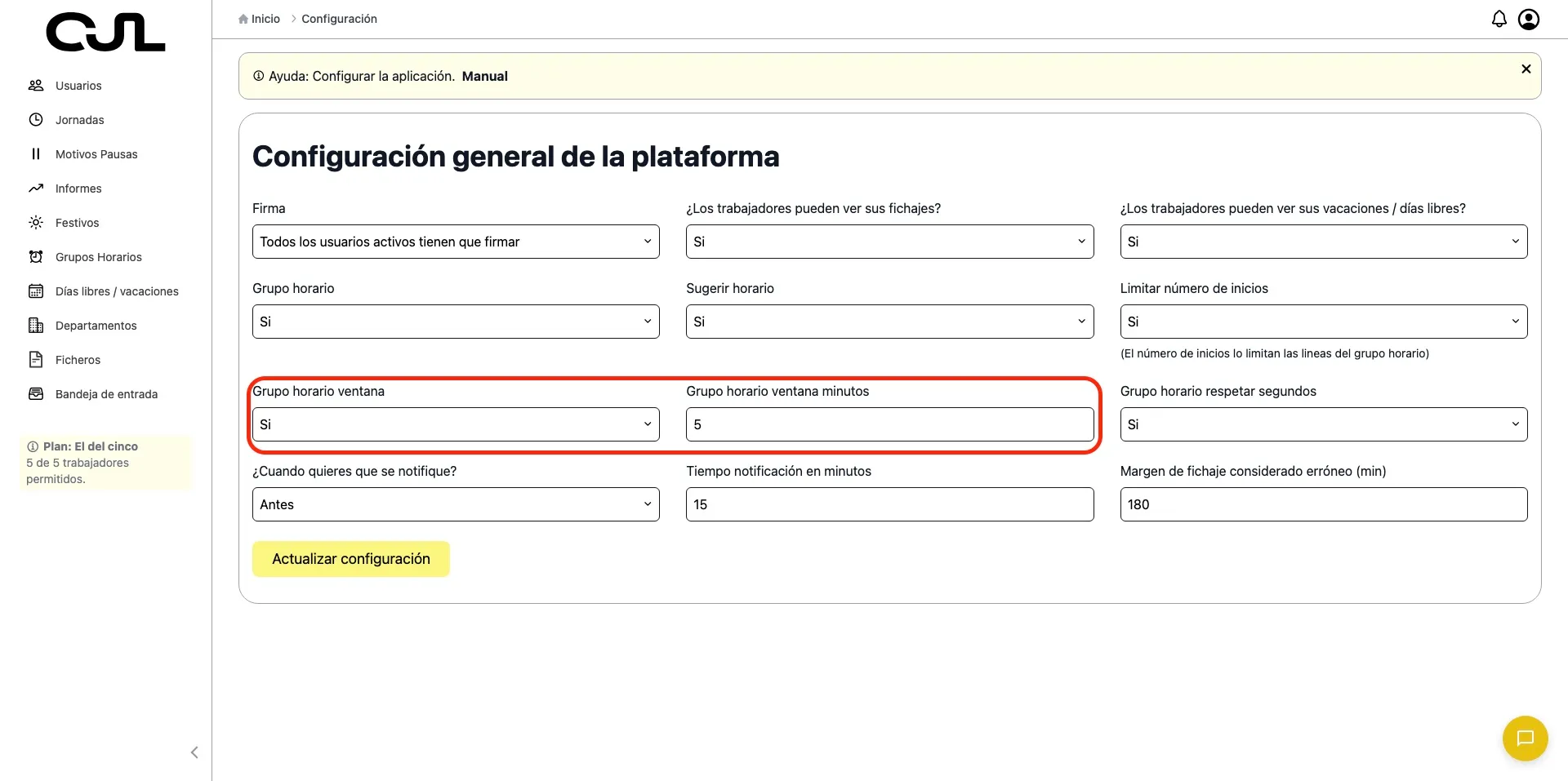 ‘ventana grupo horario opciones’